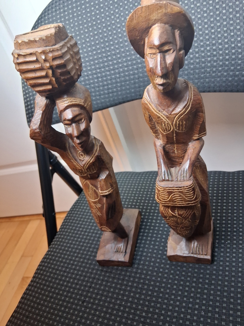 Vintage Hand-Carved Brown Wooden Figurine Set - Home Art Sculpture